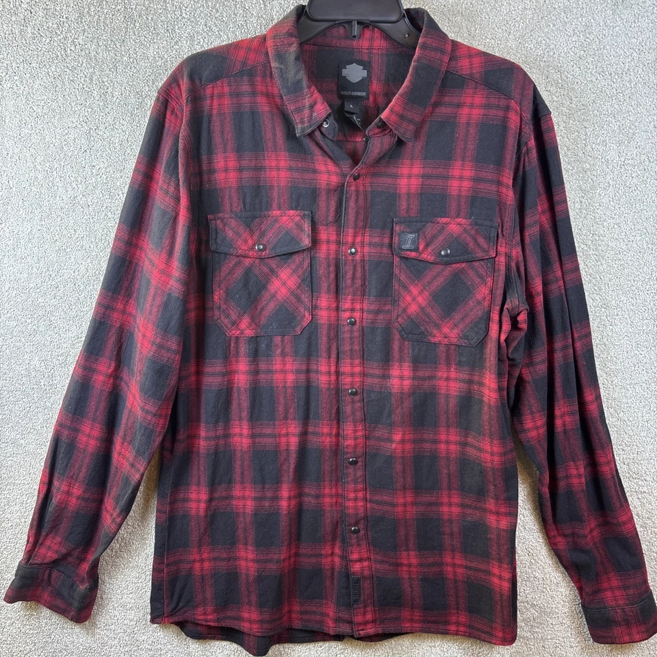 Harley Davidson красный клетку фланелевая рубашка мужчин большой жемчуг Snap #1 логотип длинным рукавом - Изображение 2 из 4