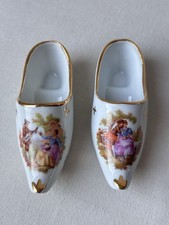 Pair Vintage Limoges Porcelain Clogs Shoes Fragonard Romantic Scene Gold Trim⁠