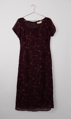 90s Vintage Burgundy Floral Chiffon Dress Sheer Dress - Size 10