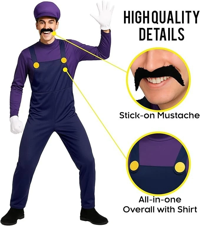 Disfraz Waluigi Super Mario Brothers adulto para hombre fontanero púrpura + sombrero bigote Foto 3 de 4