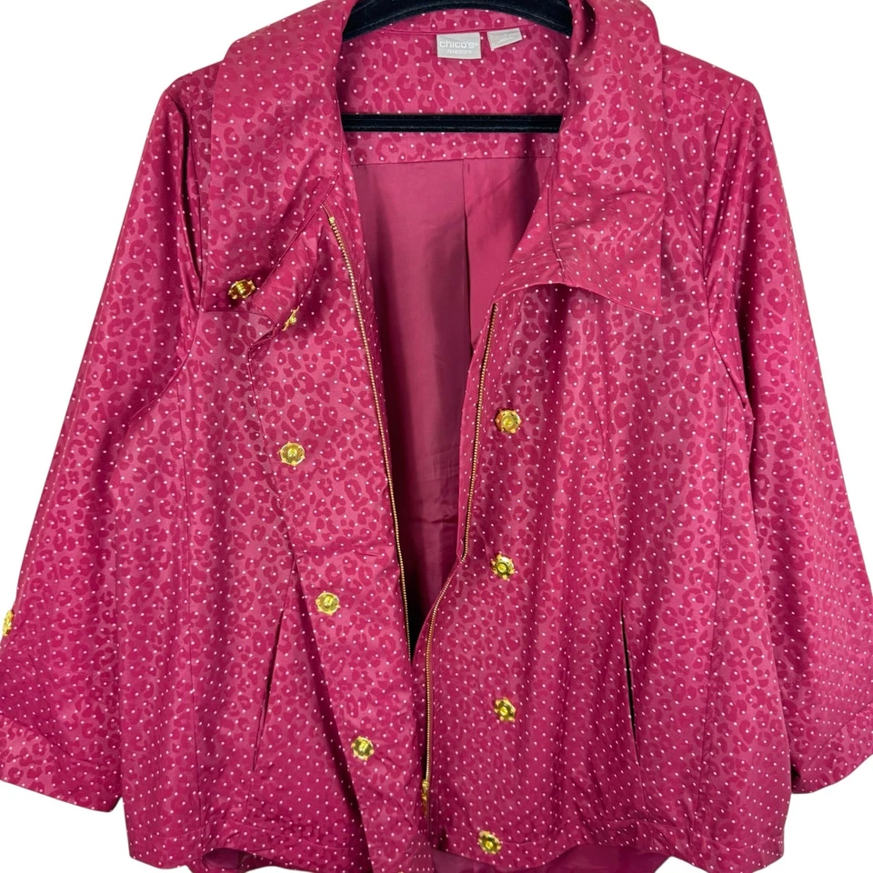 Chico's Zenergy Burgundy White Polka Dot Full Zip Snap Up Windbreaker Size XL - Image 3 of 4