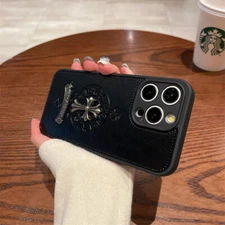 For iPhone 16 15 14 13 Pro Max Fashion Cross Pattern Leather Case Camera Protect