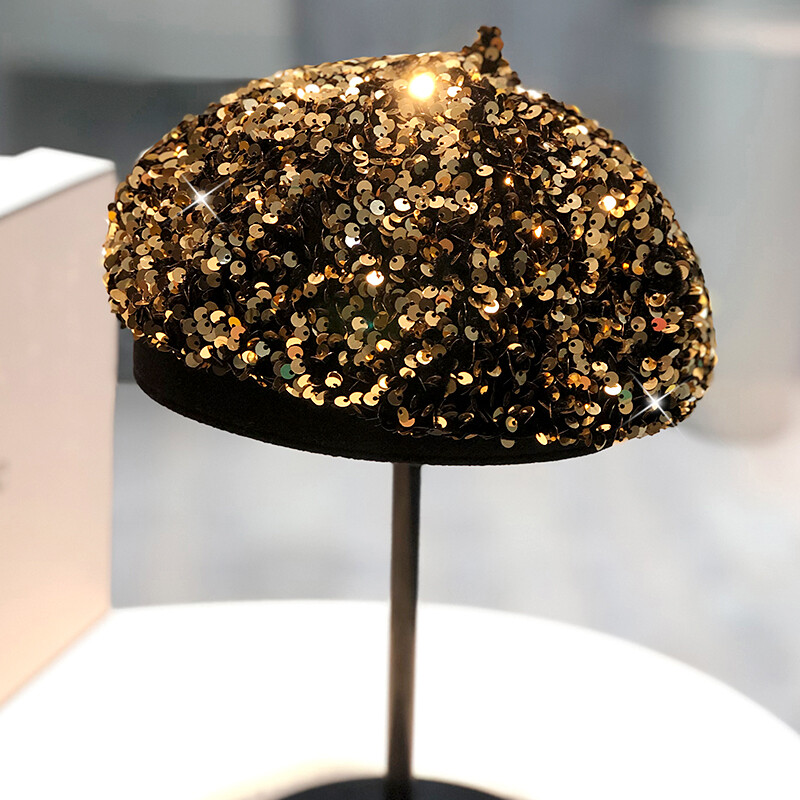 Women Glitter Sequin Beret Hat Artist Beanie Cap Bling 