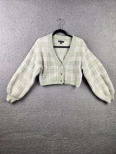 KENDALL AND KYLIE Women's Cropped Plaid Fuzzy Sweater, Size M in Mint Green