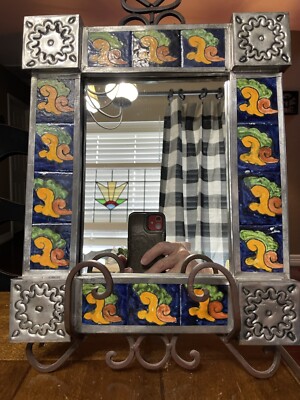 12.25''x10.25''x.75'' Mexican Tile Mirror Punched Tin & Talevera Wall Hanging