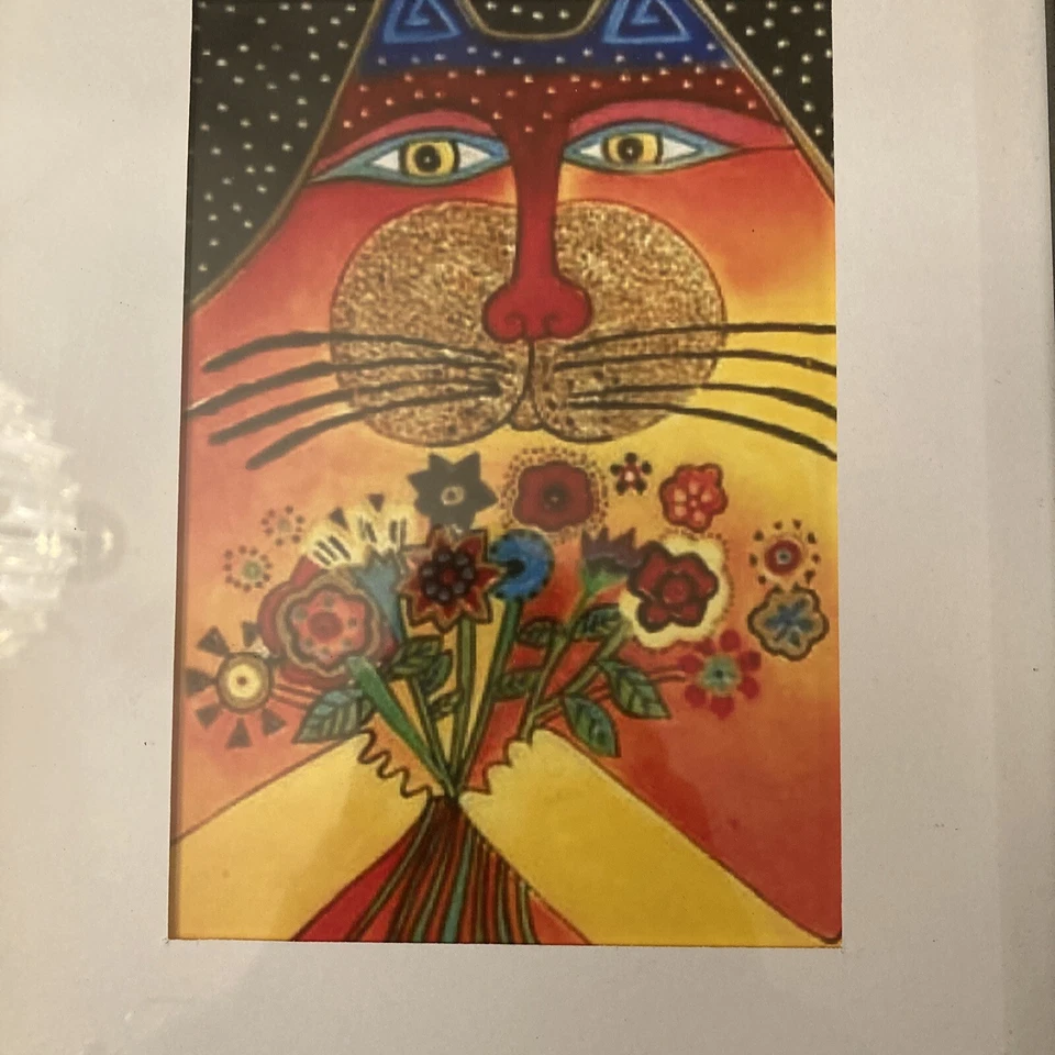 Laurel Burch Cat with Multicolored bouquet Flowers Glass Black Frame Size 14X12 - Image 4 of 4