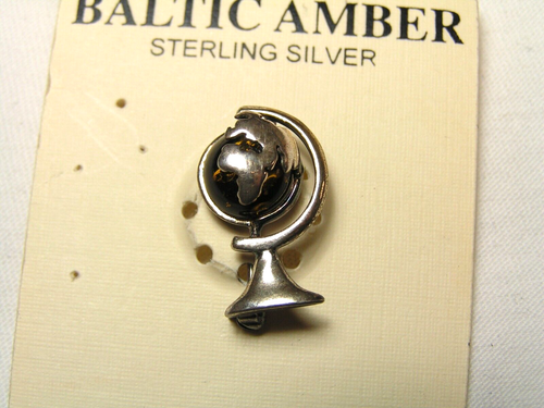Argent Sterling, Baltique Ambre World Globe Broche - Photo 2 sur 6