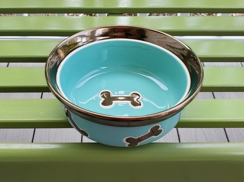 Aqua Blue Metallic Bronze Dog Bone Rimmed Food Dish Water Bowl Ceramic Stoneware - Picture 8 of 8