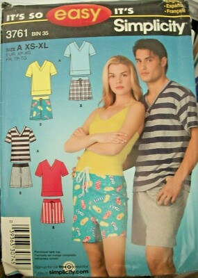 Unisex Men Miss Simplicity 3761 Pattern Sleep Shorts Top Size XS-S-M-L-XL UNCUT