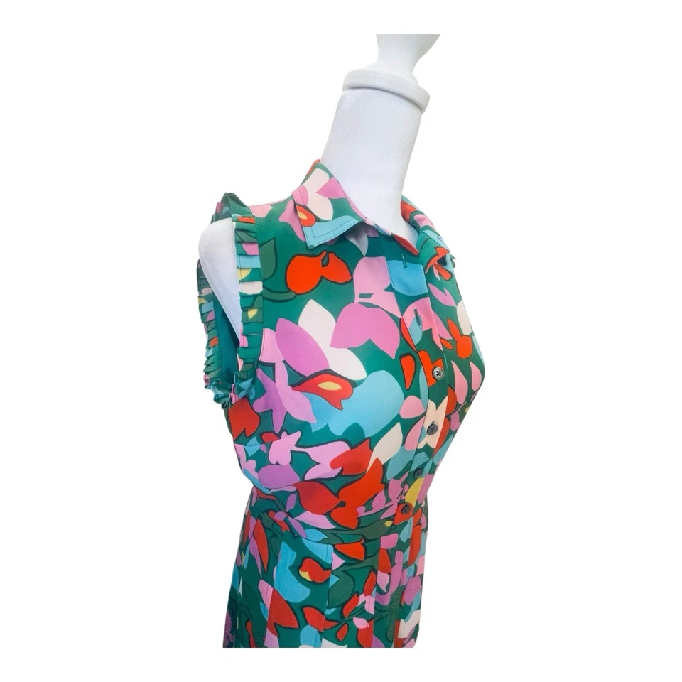 J Crew Dress Womens 0 Pleated Shirtdress Green Pink Confetti Floral Crepe Bold - Image 4 of 4