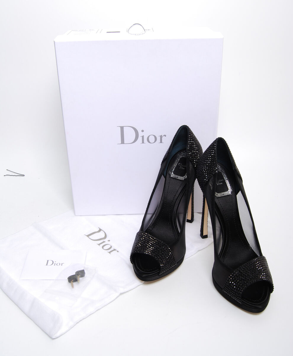 DIOR Women Black Pumps Satin Mesh Crystal Embellished High DIOR Women Black Pumps Satin Mesh Crystal Embellished High