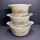 3 Pyrex Forest Fancies Mushroom Covered Casserole Set 473B 474B 475B VTG VGC