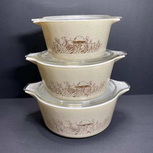 3 Pyrex Forest Fancies Mushroom Covered Casserole Set 473B 474B 475B VTG VGC