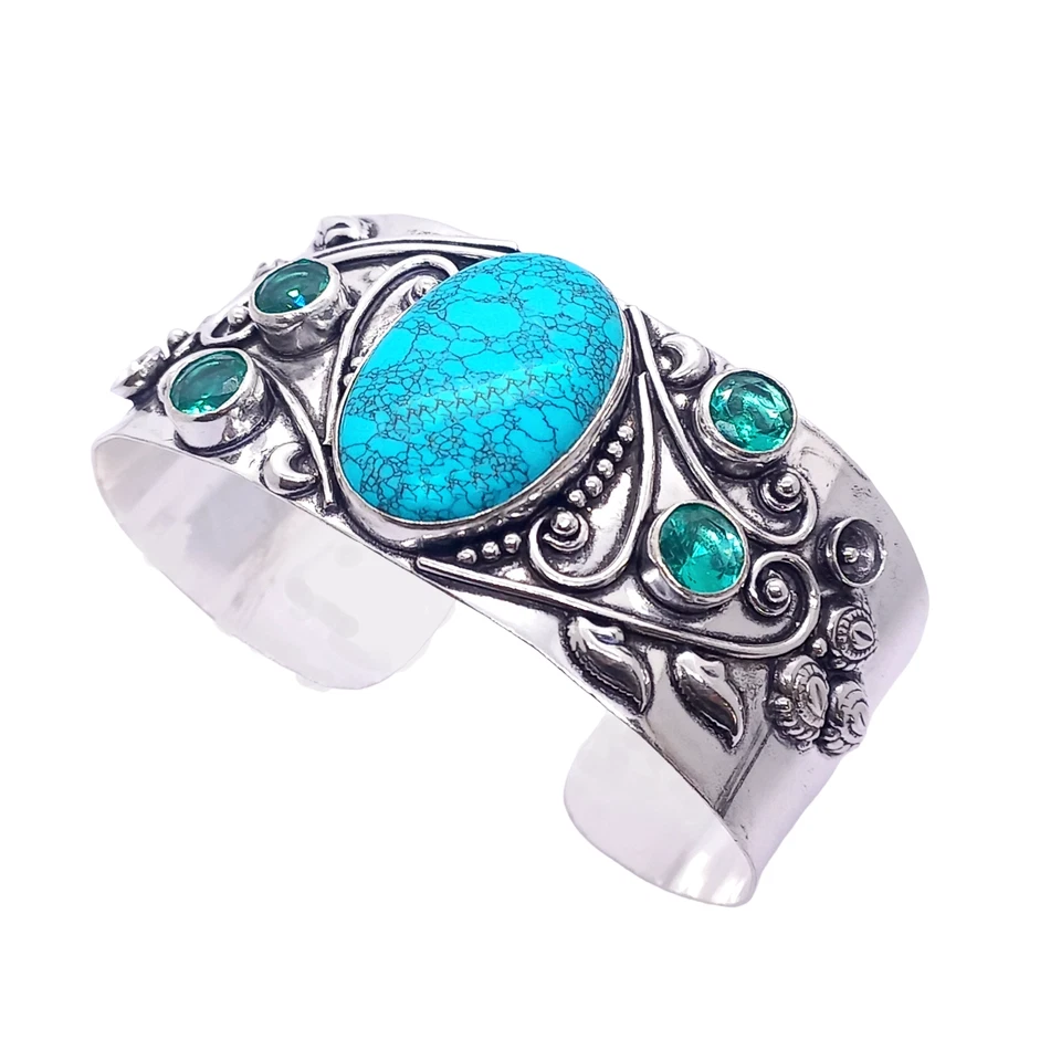 925 Sterling Silver Turquoise & Topaz Gemstone Handmade Jewelry Cuff Bracelet - Image 4 of 4