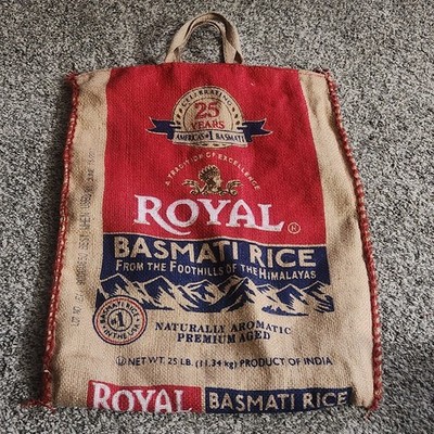 Royal Basmati Empty Rice Bag Burlap Sack Craft Carrying Tote Bag Zipper Handles