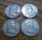 Lot of 4 Franklin Half Dollars --  1957, 1960, 1962 and 1963 -- 90% Silver