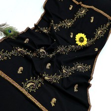 Vintage Black Wool Shawl Hand-Embroidered Suzani Stole Pure Wool Wrap warm soft