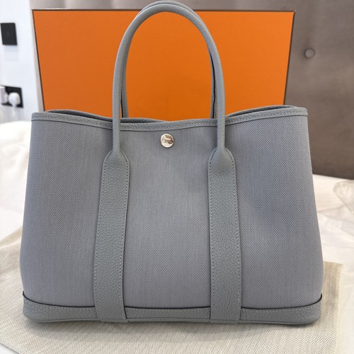 HERMÈS Garden Party 30 - Gris Pantin Canvas / Palladium Hardware