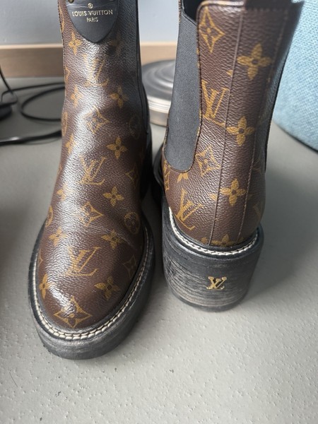 Louis Vuitton Damen Stiefelette Monogramm Blockabsatz Leder Braun Schwarz 41