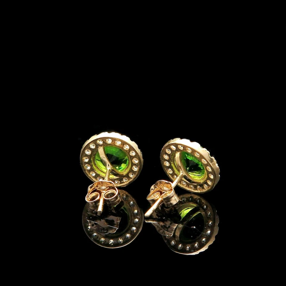 Natural Peridot and Diamonds Yellow Gold Plated Silver Halo Stud Earrings D690 - Image 2 of 3