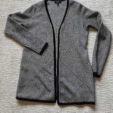 Charter Club XS Luxury 100% Cashmere Black White Print Open Front Cardigan