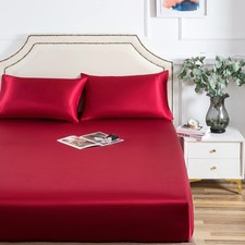 1 PCS Satin Full Fitted Sheet Ultra Soft Deep Pocket Single Silk Burgundy