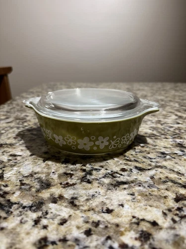 Pyrex Crazy Daisy Vintage Bowl Spring Blossom Green Ovenware Dish 471 W/ Lid