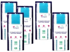 5 Pack Swisspers Hot Color Cotton Swabs 100% Cotton Plastic Sticks 500 per Pack