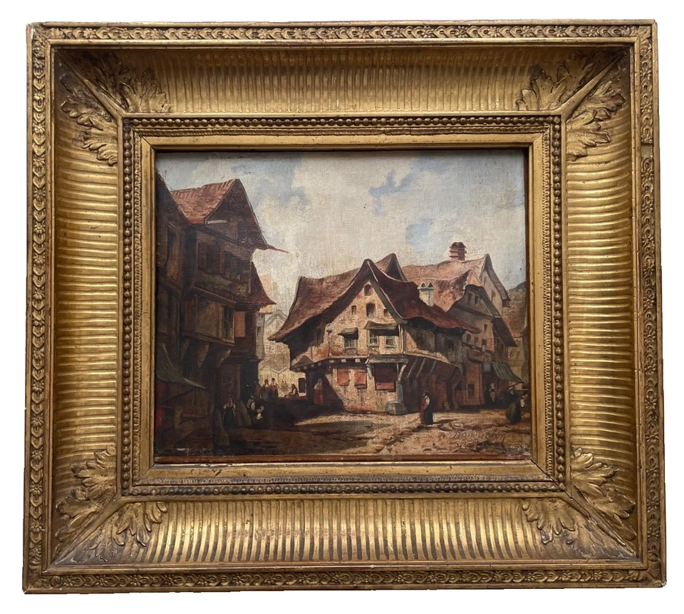 Antiguo óleo inglés firmado años 1820 BONINGTON - Mujeres en los callejones de Honfleur Foto 2 de 4