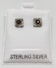 Sterling Silver & Amethyst Round Stone Square Stud Earrings New Old Stock