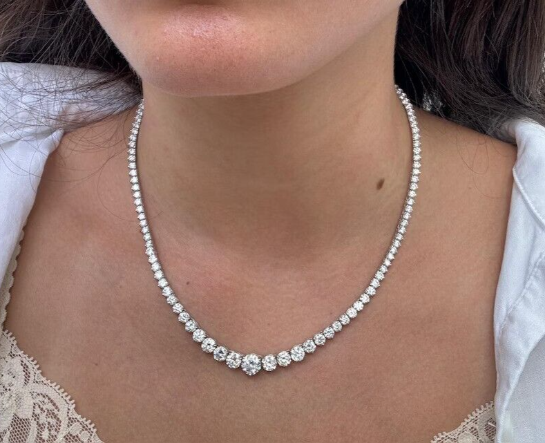 25Ct Round Simulated Diamond Graduation Tennis Necklace in 14K White Gold 18 Inch