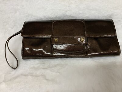 Womens Alfani Brown Patent Leather Wristlet Strap Clutch Magnetic Closure Purse