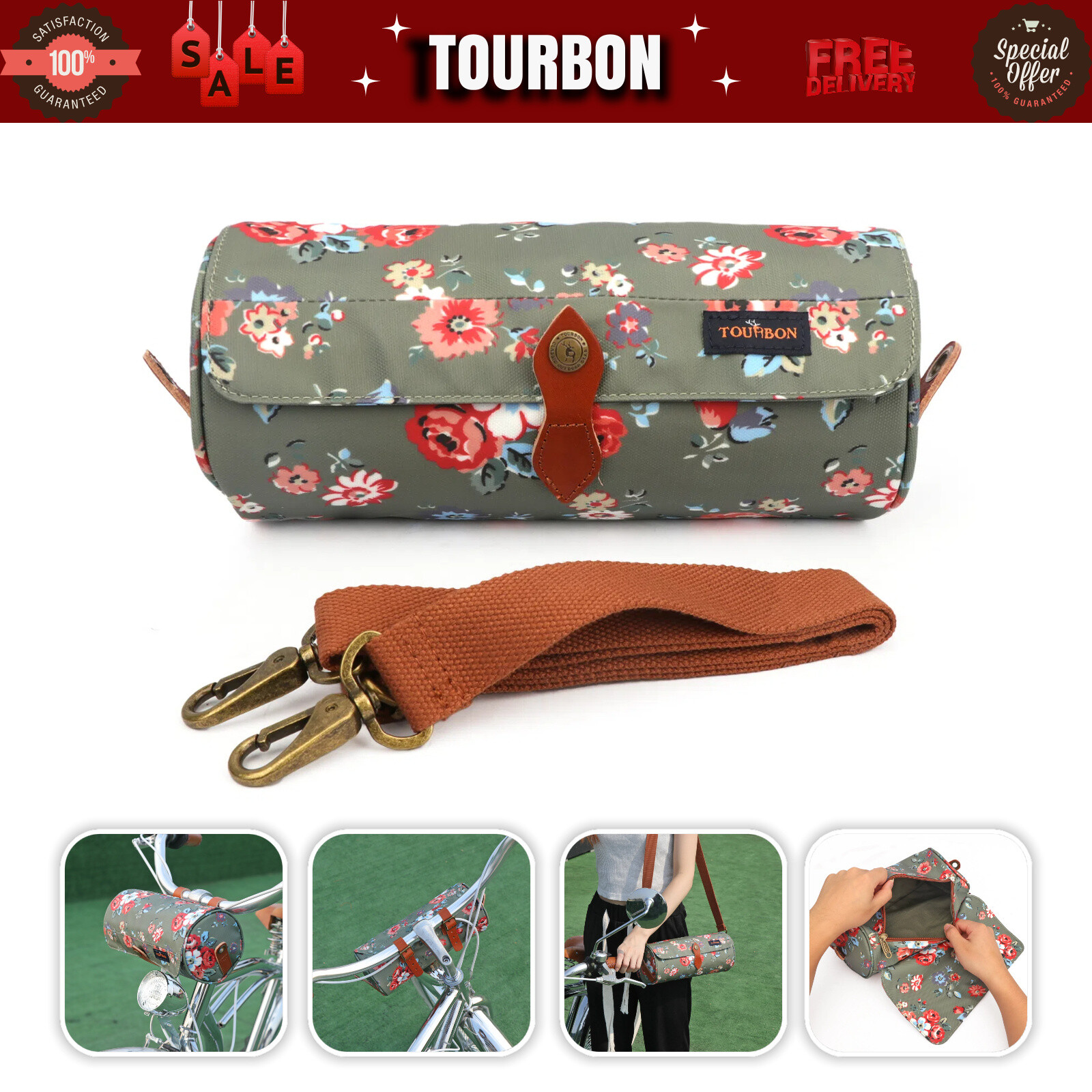 TOURBON Canvas Cycling Bicycle Handlebar Tube Frame Bag Clip on Bike Sling Pack