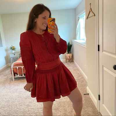 knee length dresses for ladies Red Boho Eyelet Cotton Puff Sleeve Mini Dress