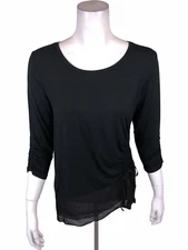 H by Halston Scoop-Neck Asymmetric Woven Hem Tunic with Ruching Black Small Size