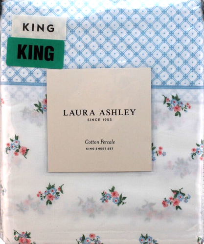 LAURA ASHLEY Harperette King Size Pink/Blue Floral 100% Cotton Percale Sheet Set - Picture 2 of 9