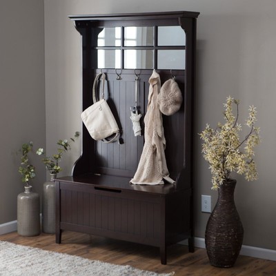 Entryway Hall Tree Lift Top Storage Bench Organization Pane Mirror