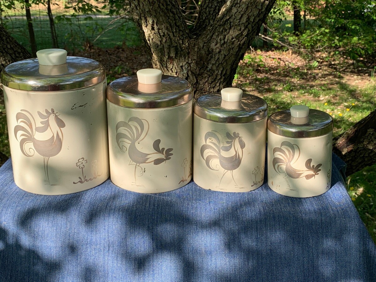 Vintage Ransburg Indianapolis Metal Canister Set 4 Rooster Chicken