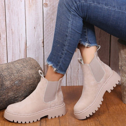 Womens Ankle Boots Round Toe Chelsea Boot Ladies Anti-Slip Pull On Winter Shoes - Afbeelding 1 van 18