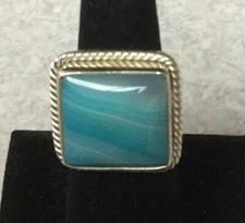 Beautiful BLUE STRIPED AGATE STONE .925 STERLING SILVER RING 7" JEWELRY