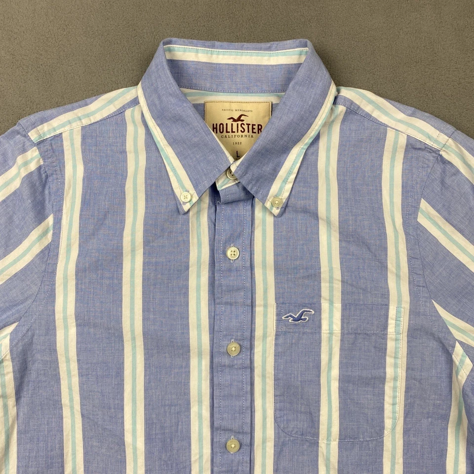 Camisa Hollister Para Hombres L Azul Rayas Oxford Abotonada Playa Costera Preppy Surf Foto 3 de 4