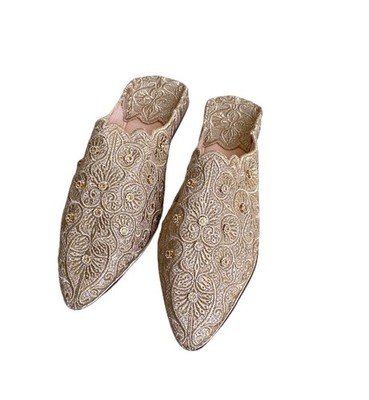 Bronze Leather Babouche Slippers Handmade Pointed Engraved Women
