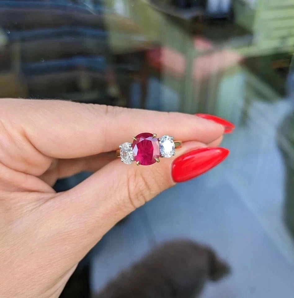 3.30Ct Natural Oval Cut Ruby Diamond Bridal Engagement Ring Real 14K Yellow Gold - Image 3 of 4