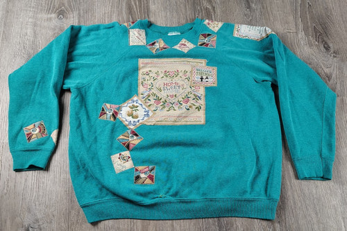 Hanes L USA Crew Neck Sweatshirt Pullover Stitched Upcycle Patchwork Vtg Cottage