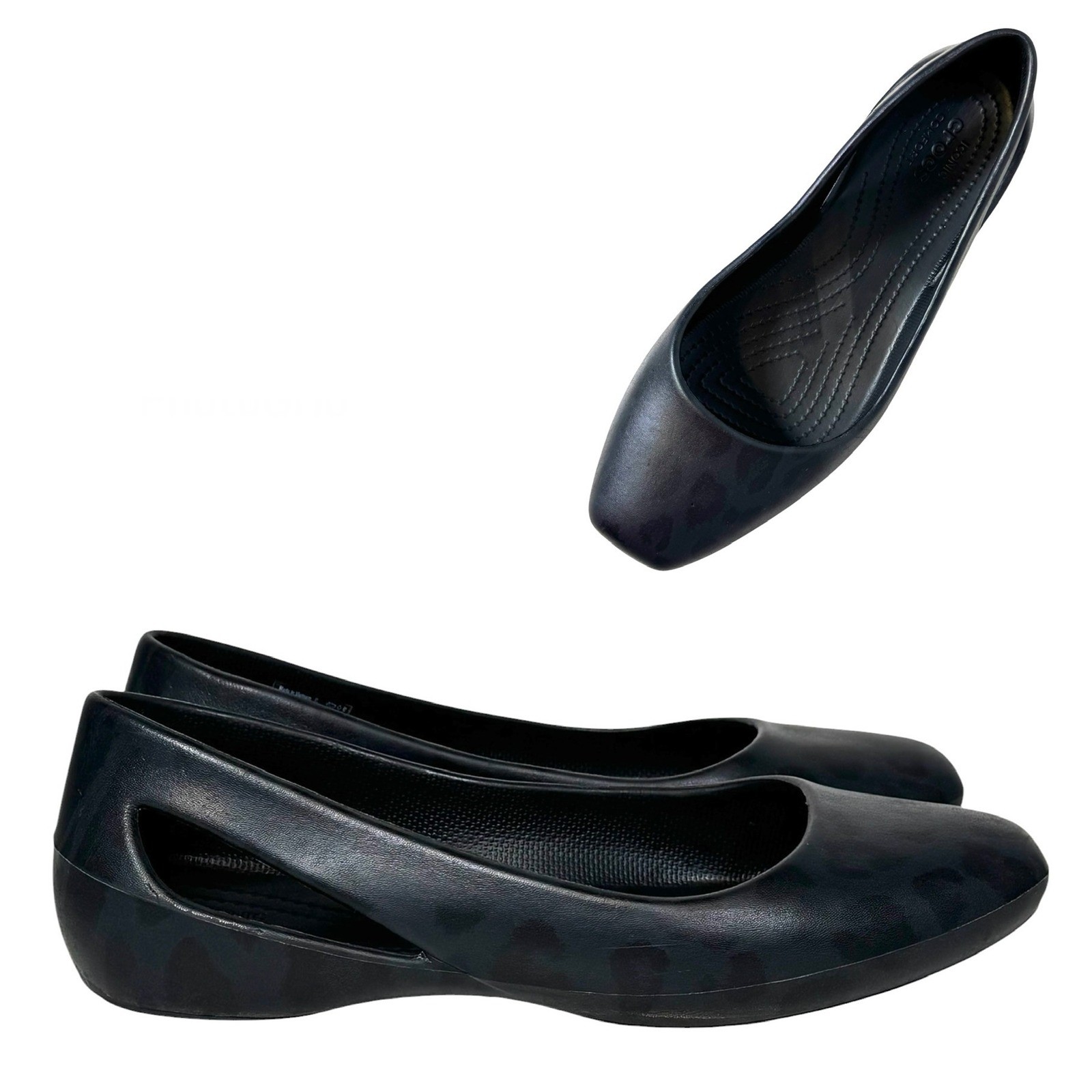 Crocs Serena Leopard Print Flats Black Square Toe Side Cutout Shoes Womens 7