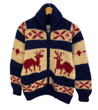 VTG Cowichan Wool Sweater Deer Reindeer Elk Hand Knit Navy Cream Red Canada Zip