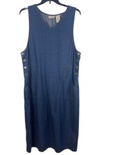 VTG 90s Expressions Denim Jumper Overall Dress 0X Side Button Sleeveless Pockets