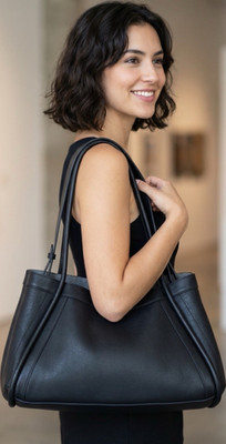 Senreve Black Shoulder Bag with Double Handles, Detachable Strap, Embossed Logo