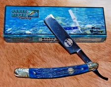Ocoee River Blue Bone Handle Straight Razor Folding Knife - NEW