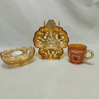 Vintage Marigold Carnival Glass Lot 3-Leaf Clover Candy Dish +Mug + Trinket Dish